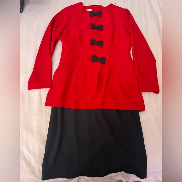Leslie Fay Red and Black Midi Dress with Bow Accents - Picture 1 of 4
